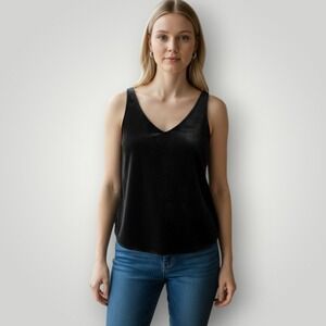 Loft Top Womens M Black Velvet V-neck‎ Relaxed Hemline Layering Lined Blouse